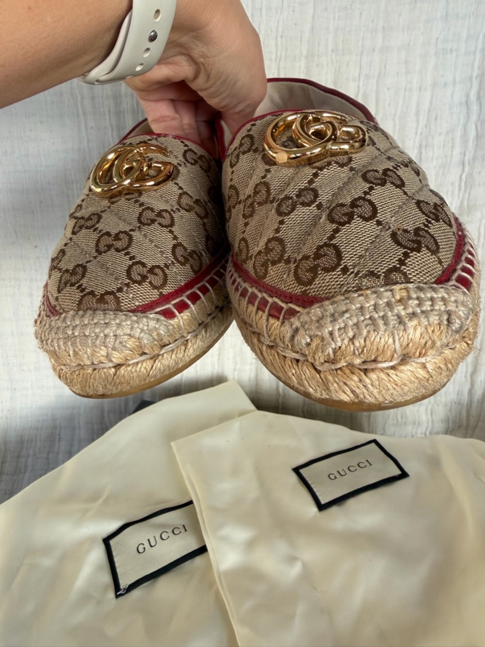 Gucci GG Canvas Espadrille Loafers with Red Trim and Gold Hardware - Picture 10 of 13